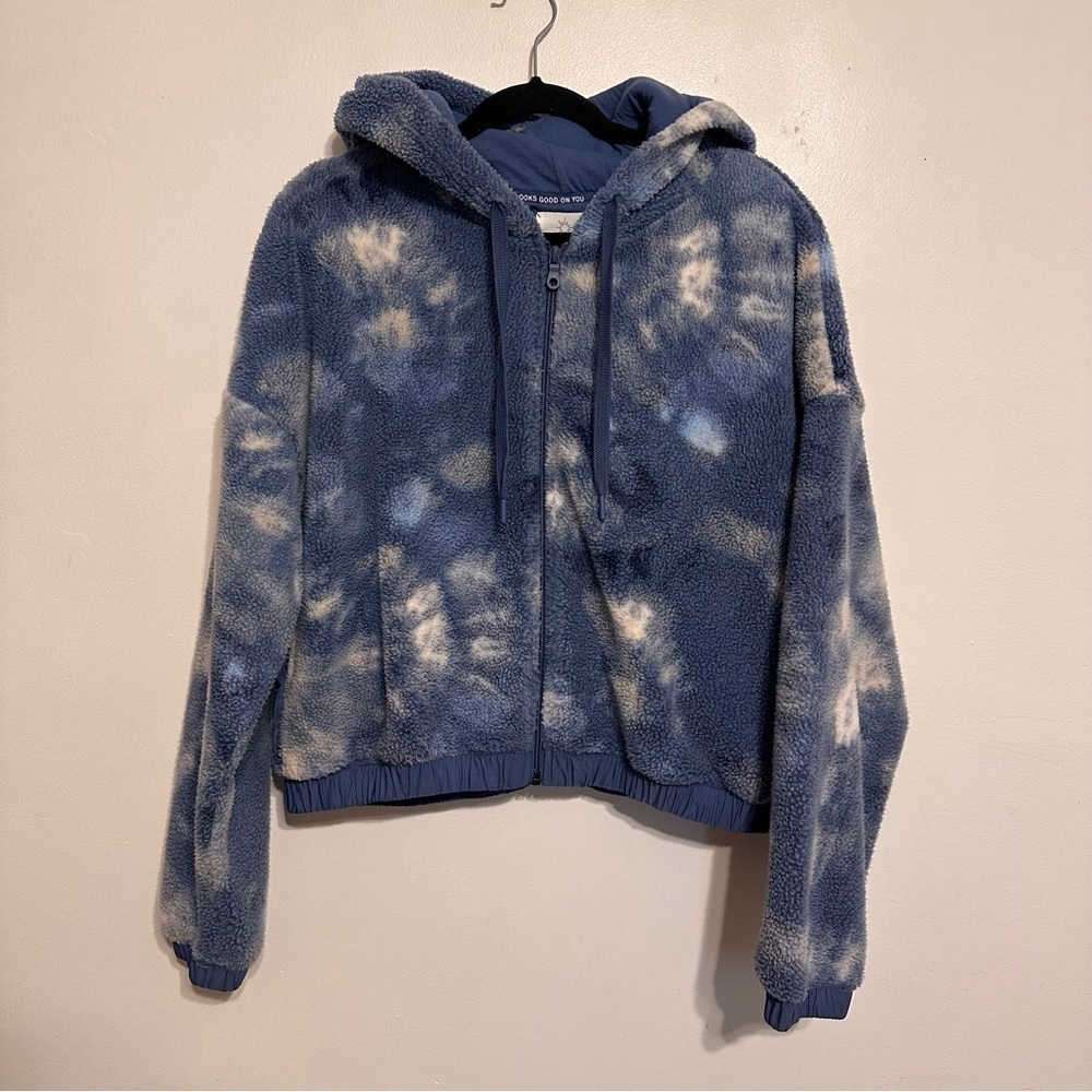 Aerie Sherpa Zip Hooded Crop Jacket Tie Dye Size Large Blue